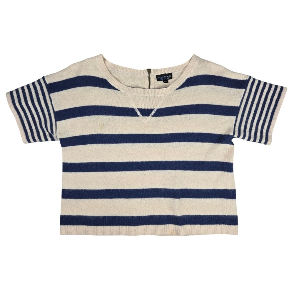 Topshop Womens Angora Blend Striped Short Sleeve Sweater Cream Navy Blue US 4